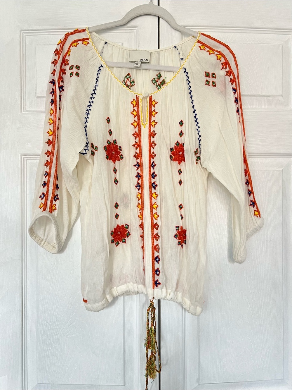 Anthropologie Greylin Cotton Blend Embroidered Beaded Boho Hippie Blouse L